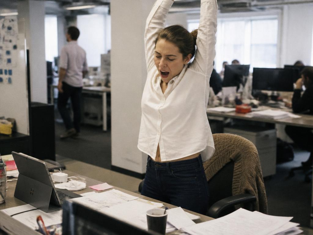An office worker stands and stretches her arms overhead beside a cluttered desk, mid-yawn, to shake off the post-lunch slump in a bright open-plan office.