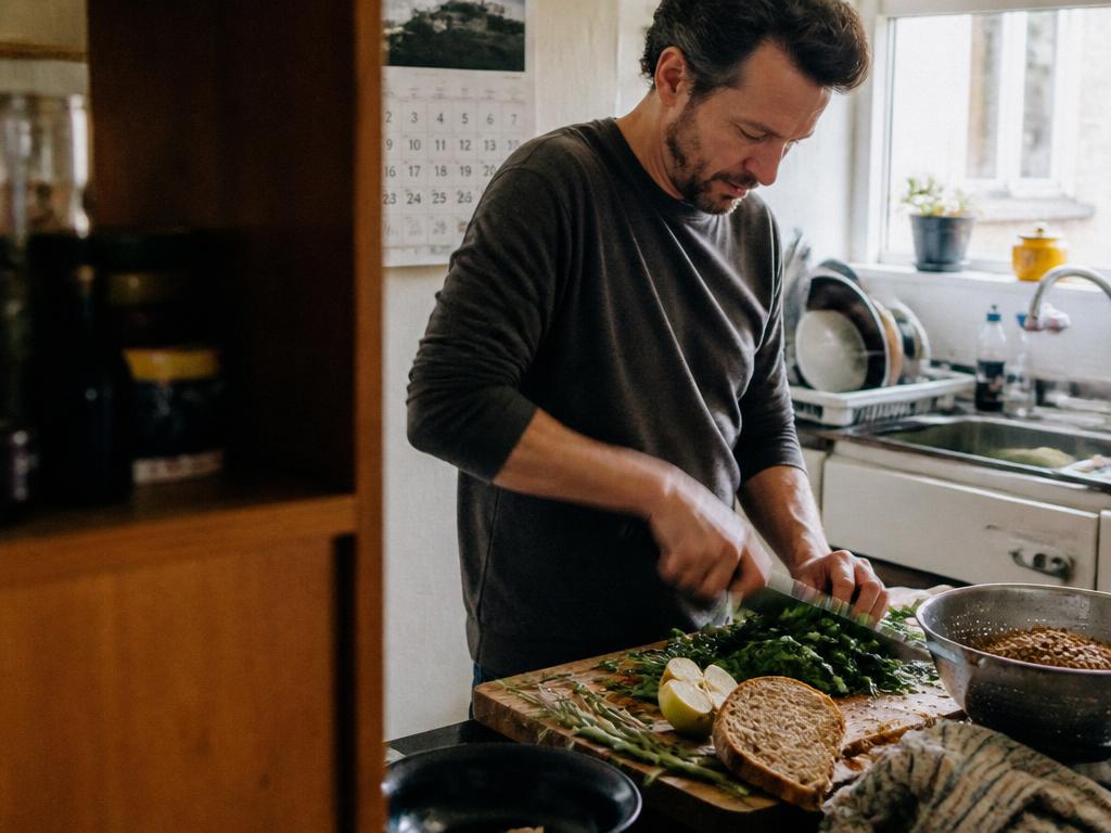 A man energetically chops a pile of vegetables, greens and whole-grain bread on a cutting board in a bright, lived-in home kitchen.