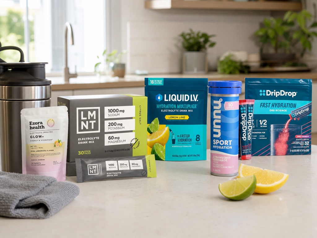 Ezora health Glow+, LMNT, Liquid I.V., Nuun and DripDrop electrolyte products on a kitchen island beside a stainless shaker bottle, a gym towel and citrus slices.