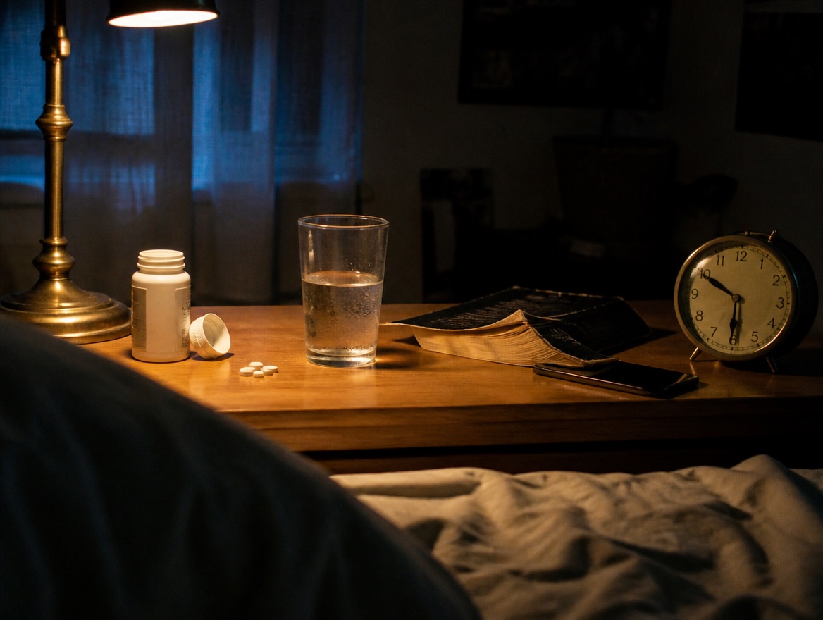 Late-evening nightstand scene: a white supplement bottle with its cap off and a few small white tablets scattered on the wood, a half-full glass of water, an open paperback laid face-down, a phone, and a round analog alarm clock reading about 10:35, lit by a warm brass lamp against a dark bedroom with cool blue light bleeding through a curtained window, the foreground occluded by the rumpled corner of an unmade bed.