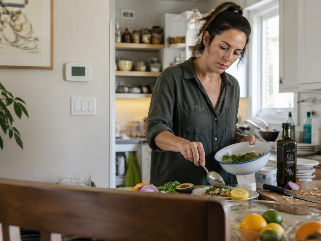 A woman assembles a balanced plate of chicken, quinoa, greens and avocado at a busy kitchen counter in bright daylight.