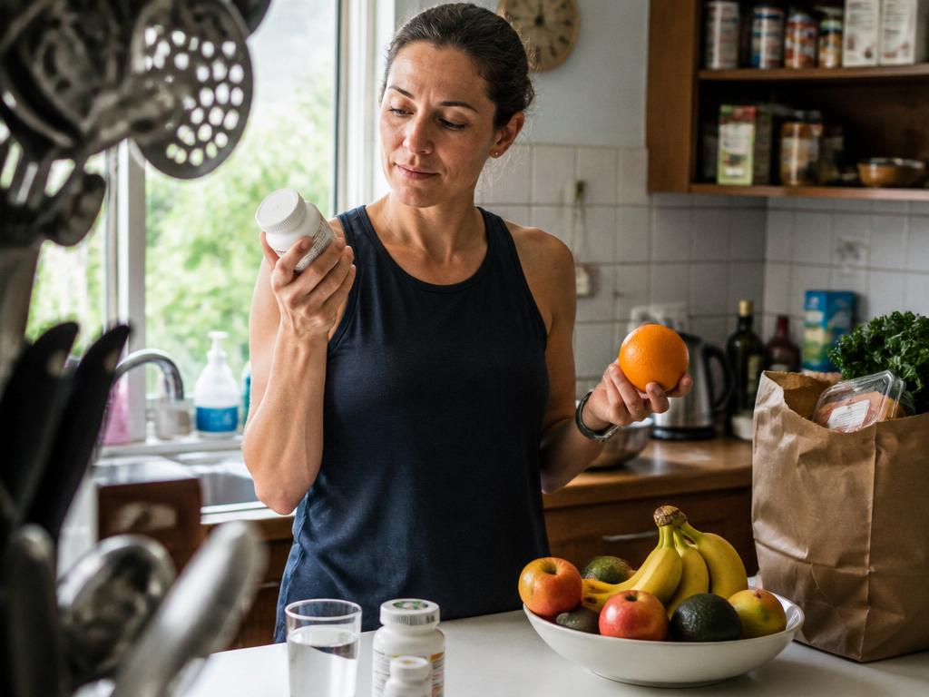 A woman weighs a supplement bottle in one hand against a fresh orange in the other at a kitchen counter, looking skeptical.