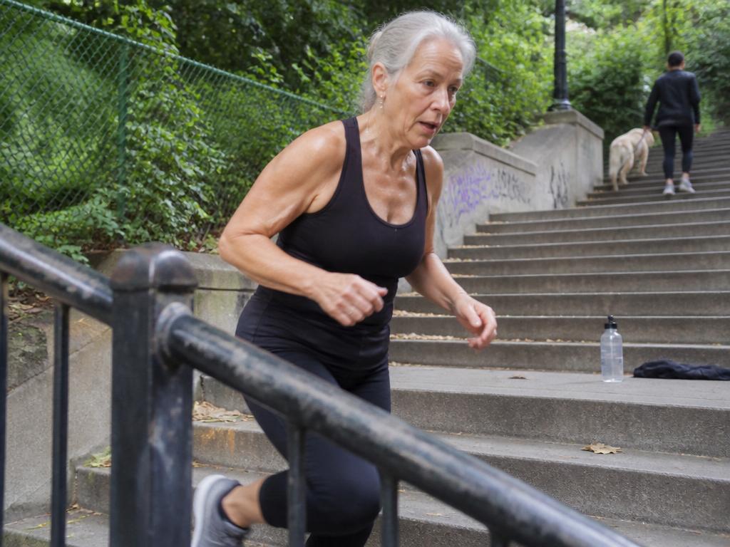 A fit woman in her early sixties jogs mid-stride up weathered concrete city steps in a park, breathing hard in bright morning light.