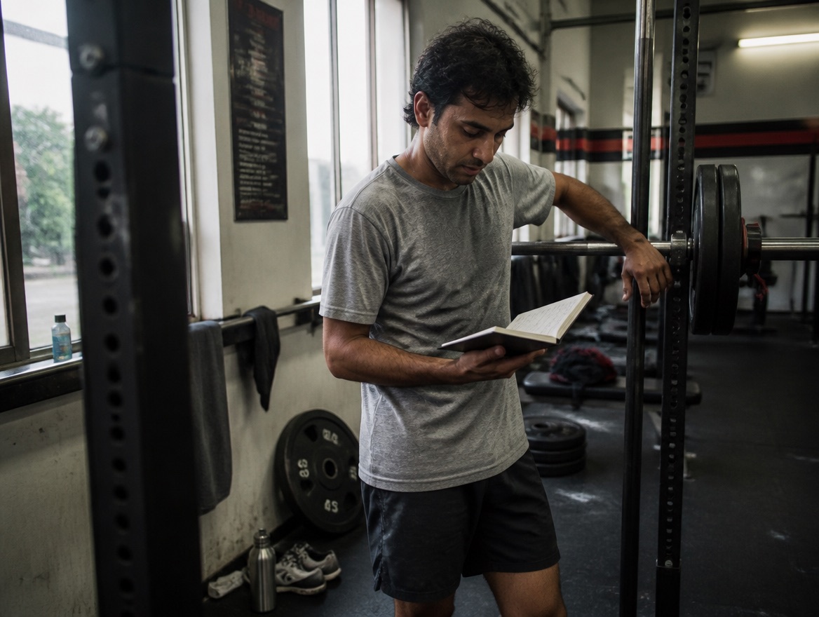 A South Asian man in his mid thirties with a lean early-lifter build, in a damp heather-grey t-shirt and faded black shorts, stands in a real gritty industrial gym between sets with one hand resting on the end of a loaded barbell racked at hip height while he looks down at an open training journal in his other hand, side window light falling across the rack and scattered plates on the rubber floor.