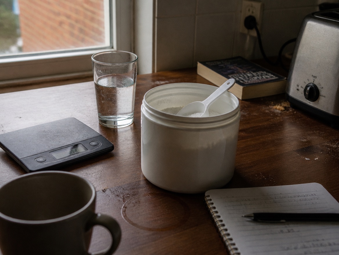 An open white tub of creatine monohydrate powder with a small white scoop resting in it on a wood kitchen counter beside a glass of water, a digital kitchen scale and an open spiral notebook with a pen, a ceramic mug in the foreground and overcast daylight coming through a side window.