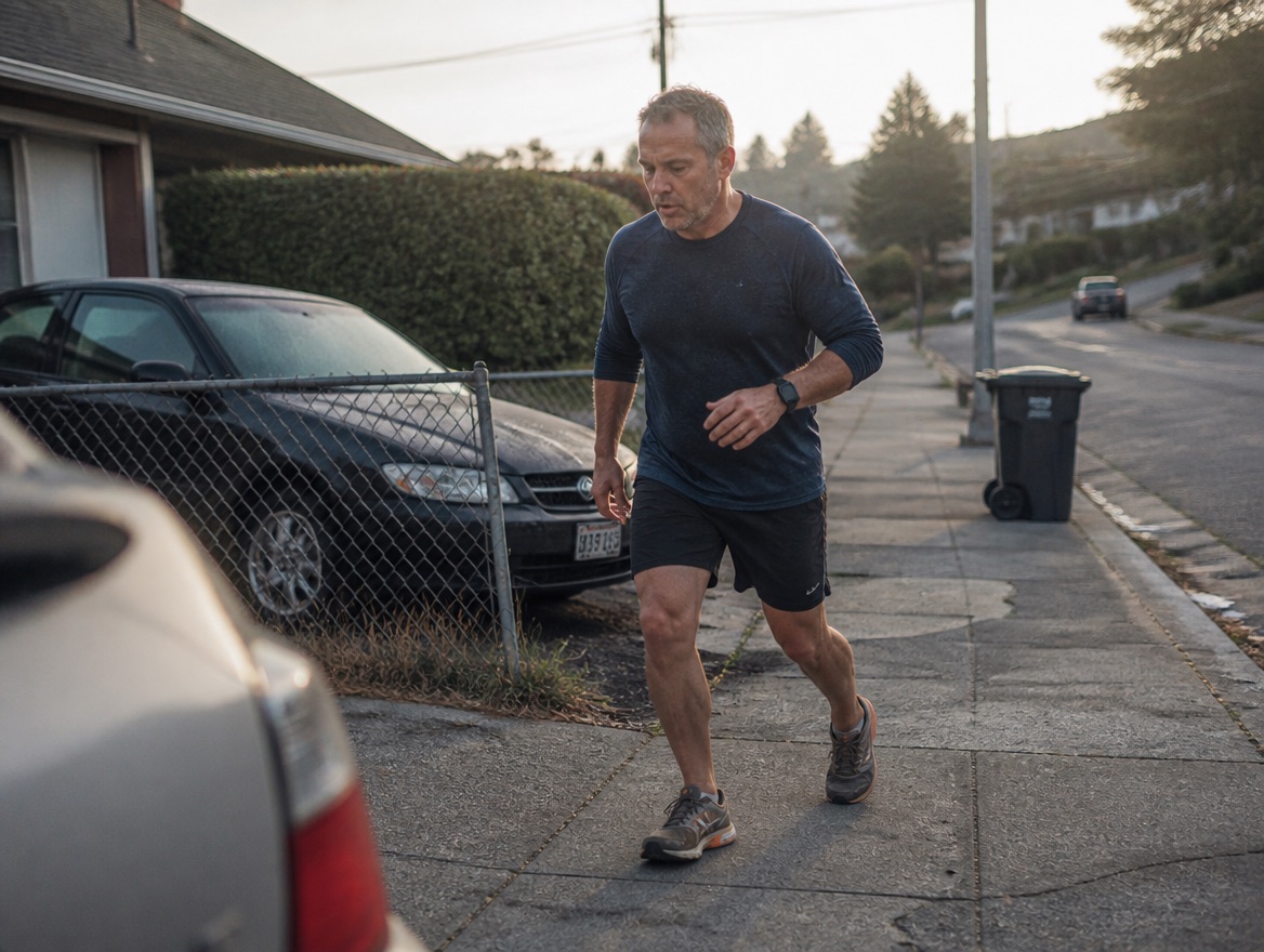 A graying man in his 50s mid-stride up a residential sidewalk hill at sunrise, navy long-sleeve and shorts, smartwatch on his wrist, holding a steady conversational-pace effort.