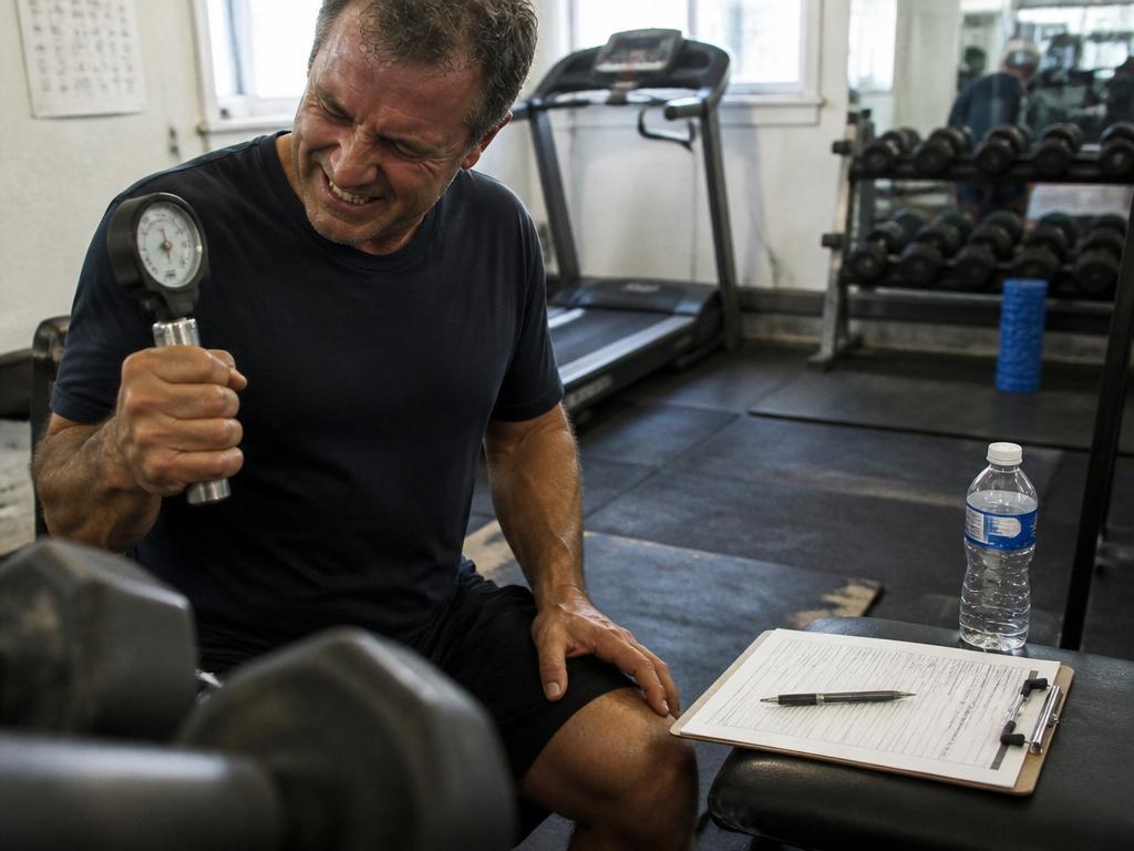 A man in his fifties grips a hand dynamometer hard, forearm muscles tensed, during a fitness assessment in a worn community gym.