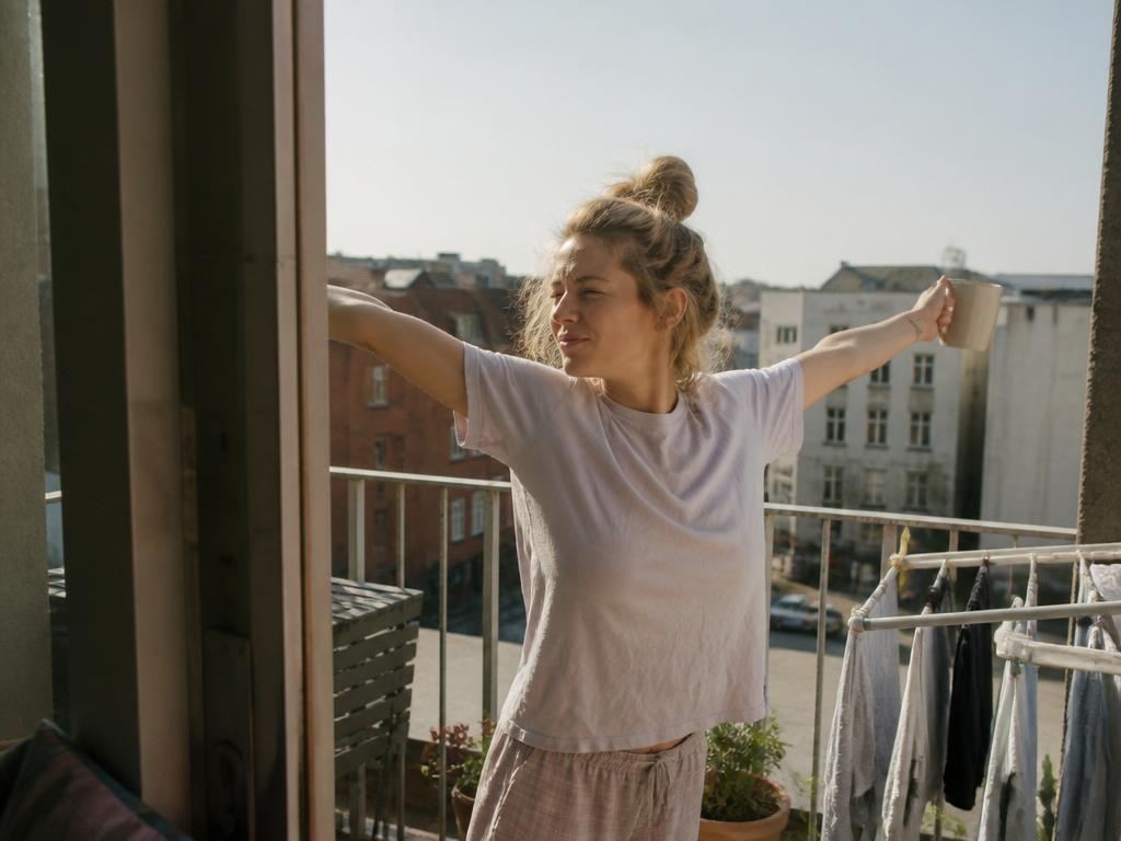 A woman steps onto an apartment balcony first thing in the morning and stretches her arms wide, squinting in the bright daylight.