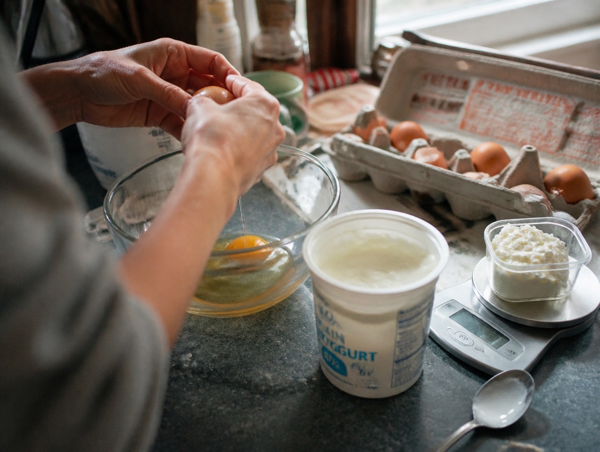 Close-up of hands cracking a brown egg into a glass bowl on a kitchen counter beside a tub of plain yogurt, an open carton of eggs, and a digital scale holding a container of cottage cheese.