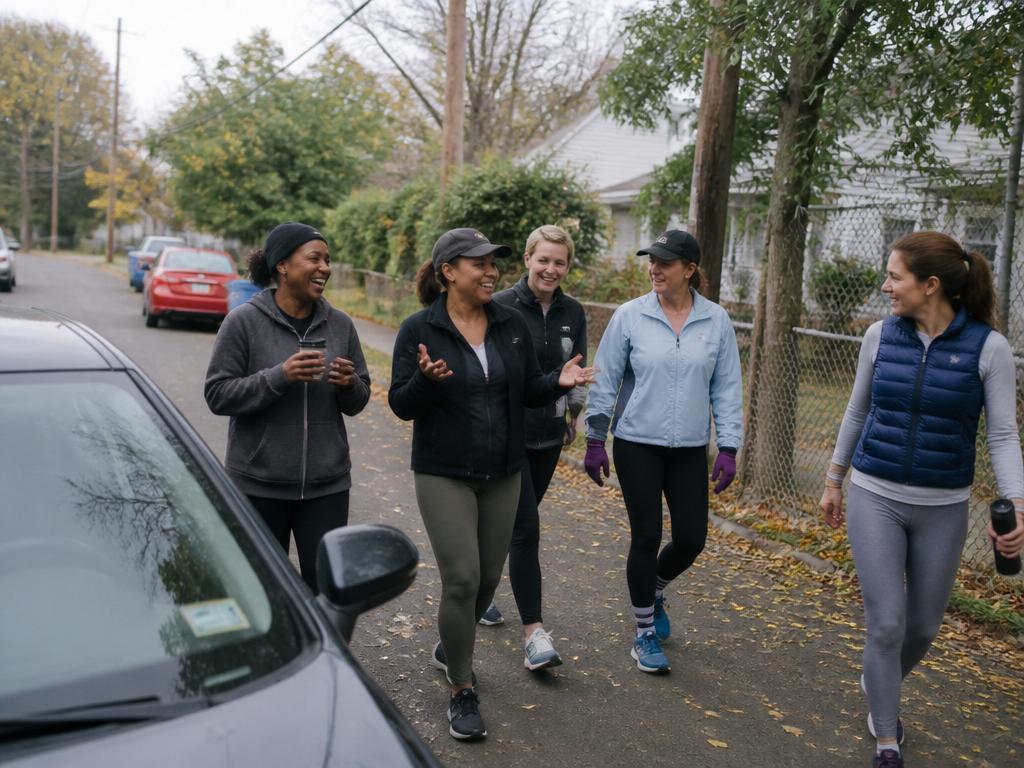 A small group of friends of mixed ages walk briskly together down a tree-lined neighborhood street, laughing mid-conversation.