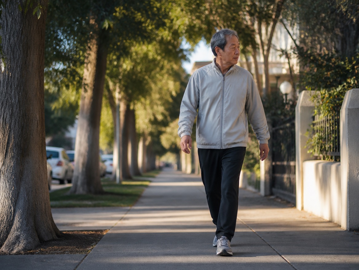 A lean East Asian man in his early sixties, in a light grey zip windbreaker, dark trousers, and grey walking shoes, strides mid-step along a tree-lined suburban sidewalk in warm late-afternoon light, looking off to the side rather than at the camera.